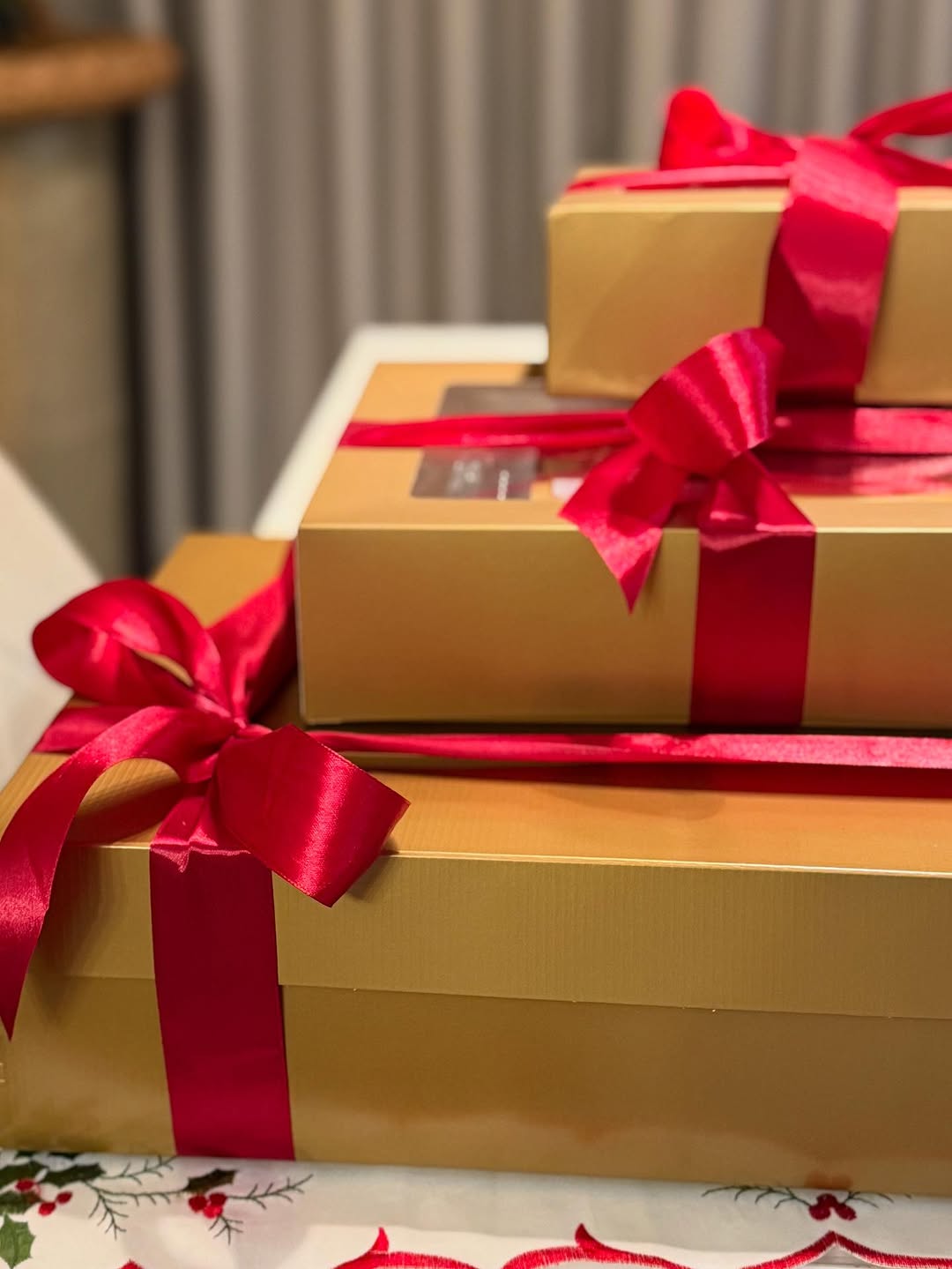Close-up of beautifully wrapped gift boxes